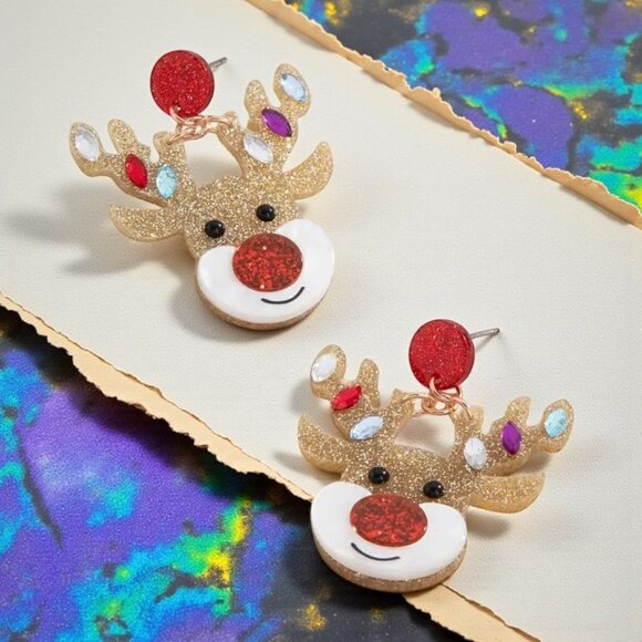 🆕Christmas Holiday Reindeer Head Novelty Earrings Glittery Rhinestone Dangle - Picture 14 of 14